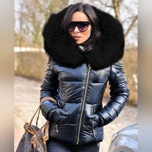 Aofur women quilted winter coat fur collar hooded down